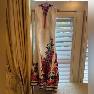 Badgley Mischka White Maxi Dress with Pink and Green Floral Border